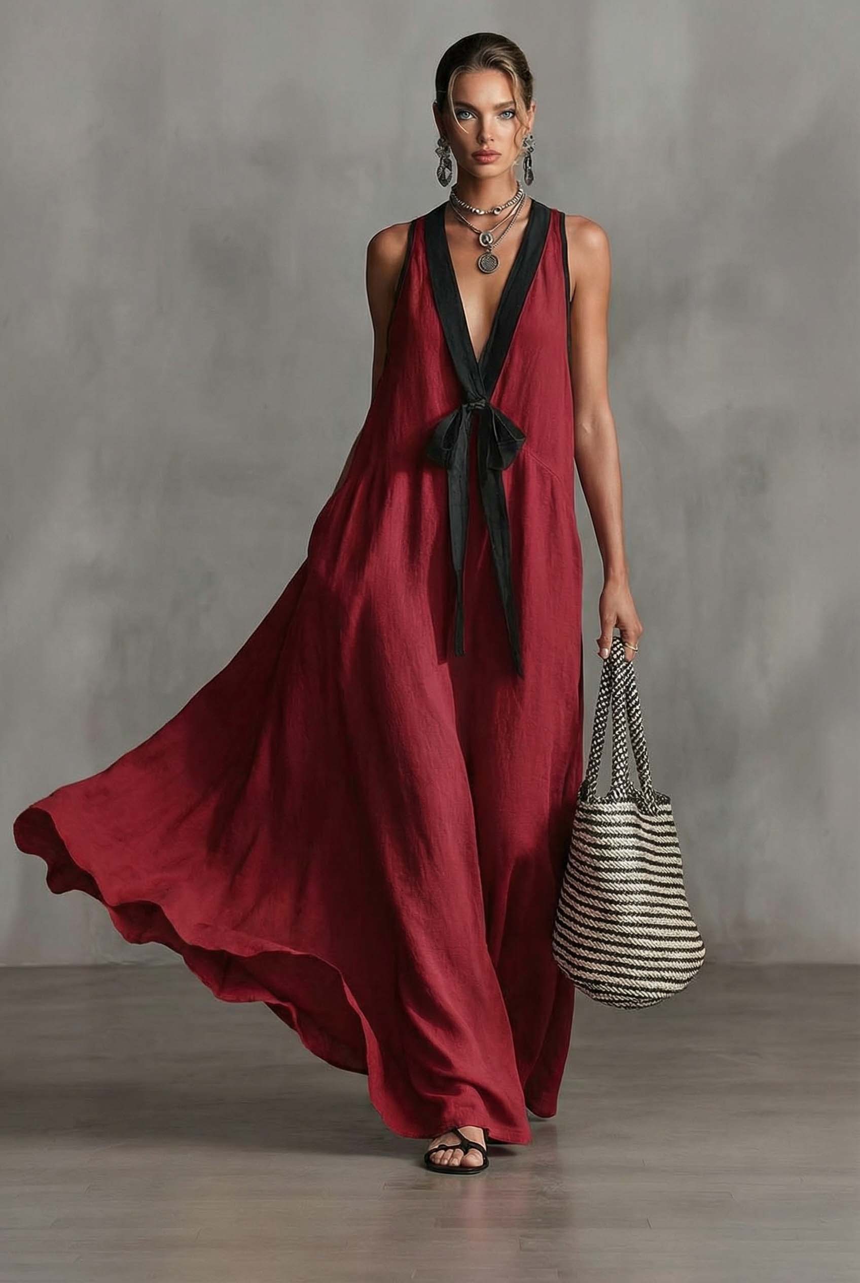 V-neck Bow-Knot A- Line Dress