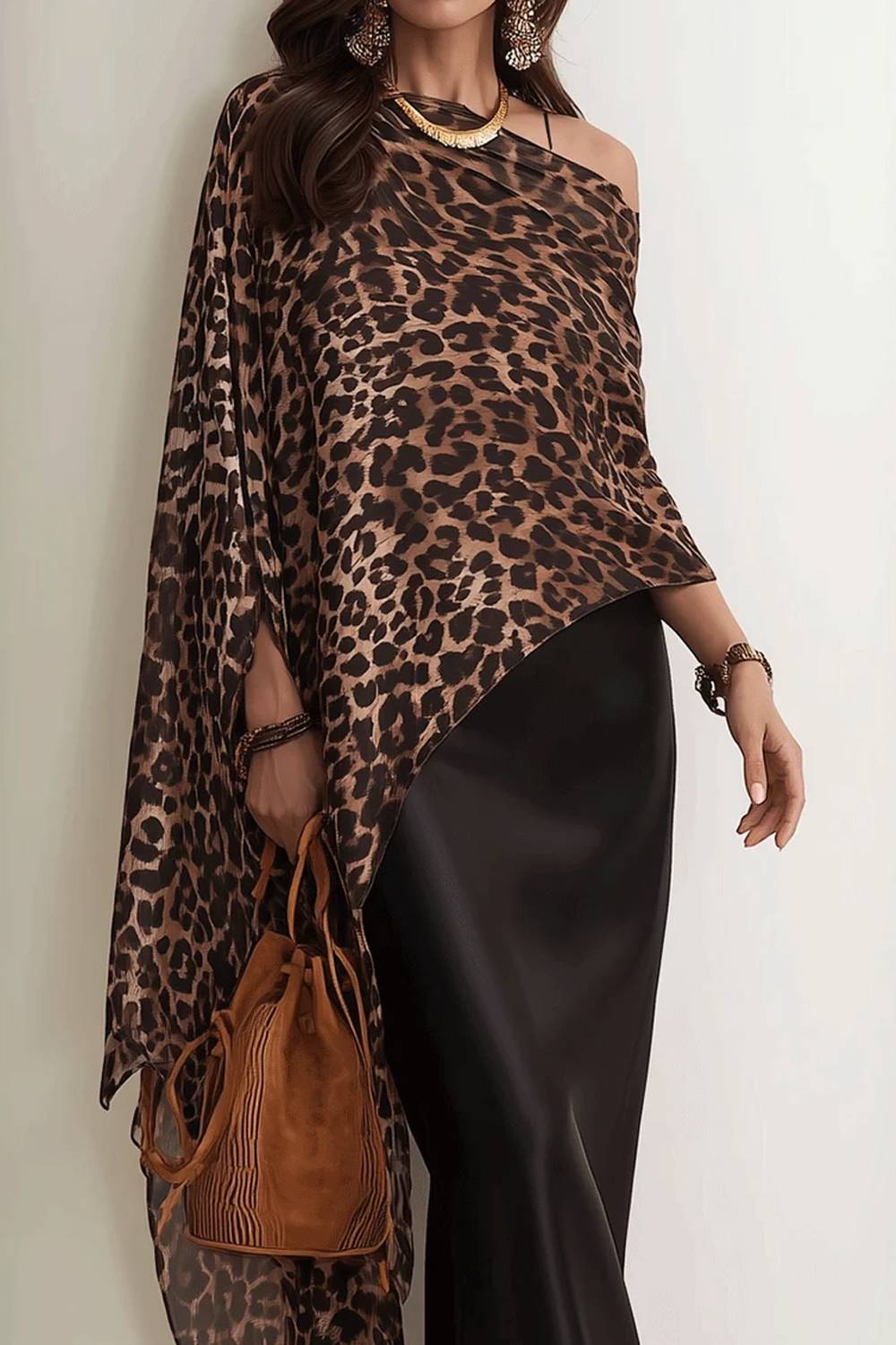 Leopard-Print Draping Poncho Satin Dress Set