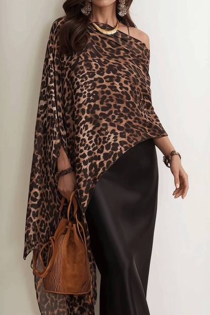 Leopard-Print Draping Poncho Satin Dress Set