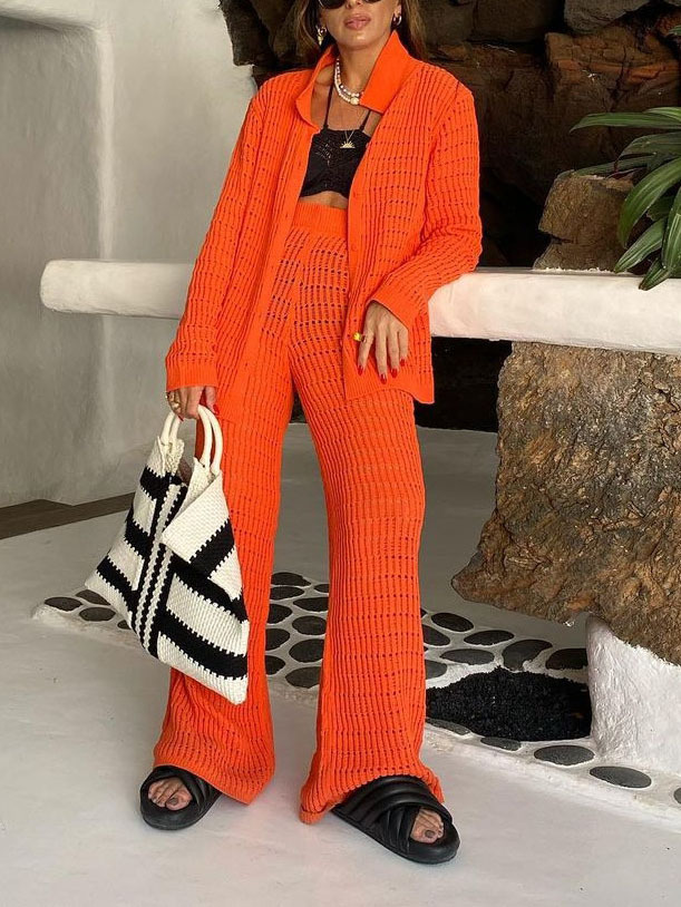 Casual Holiday Solid Color Knitted Loose Wide-leg Pants
