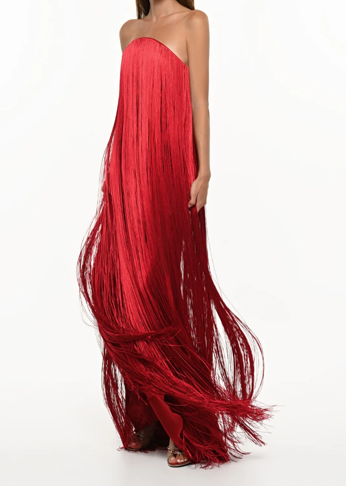 Elegant Strapless Fringe Formal Maxi Dress