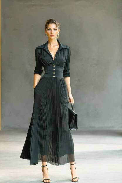 V-Neck Pleated High-Waist Dress