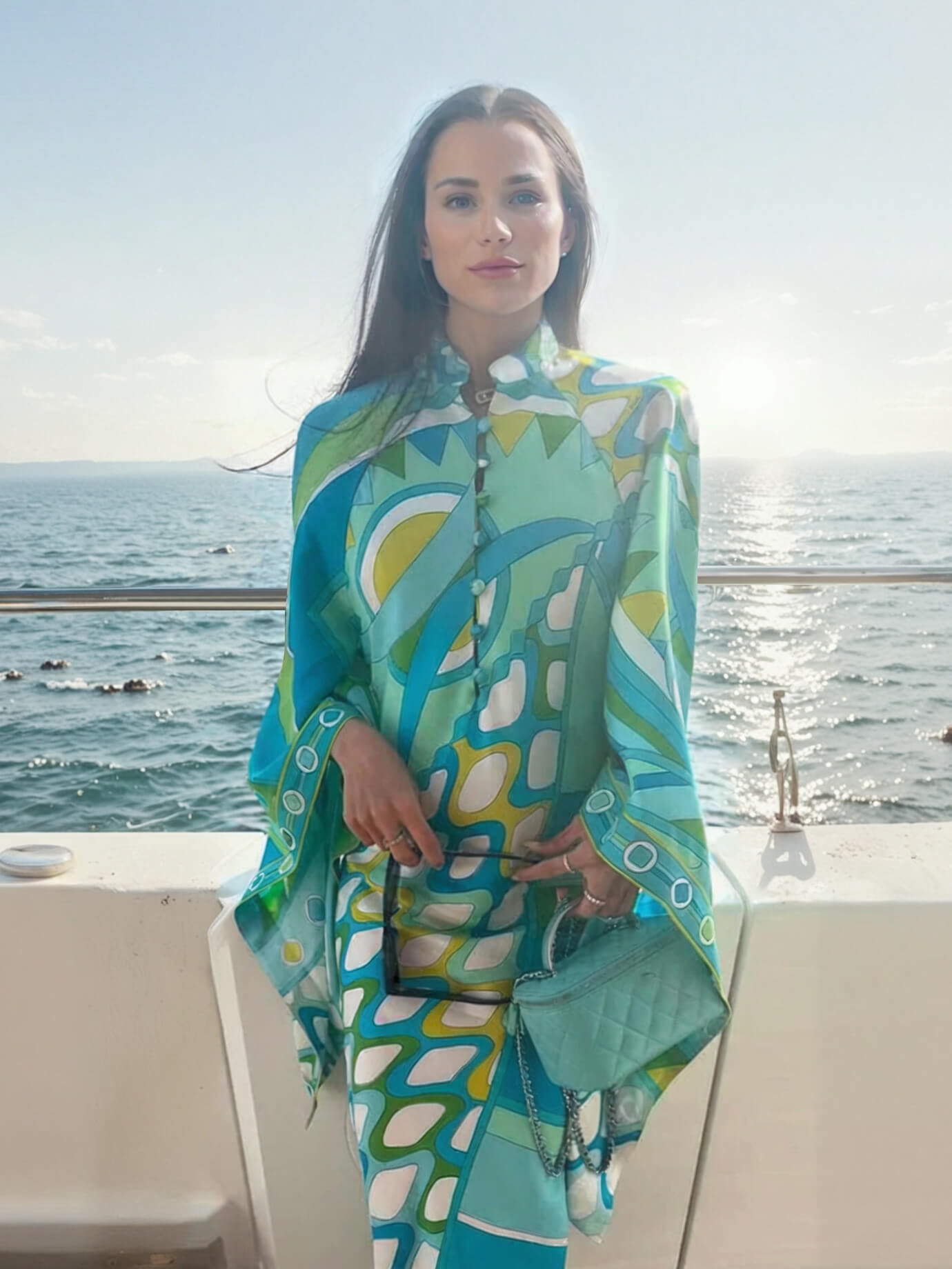 Elegant Button-Up Stand Collar Printed Loose Flared Asymmetrical Midi Dress