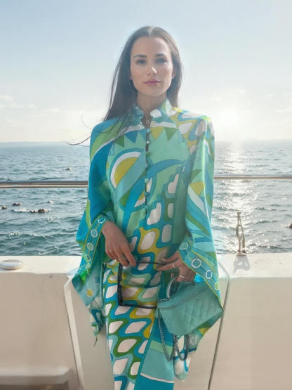 Elegant Button-Up Stand Collar Printed Loose Flared Asymmetrical Midi Dress