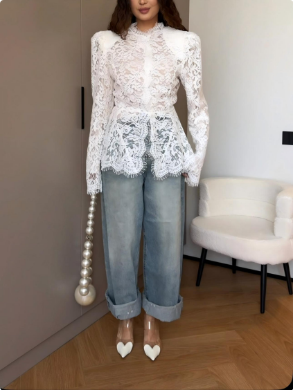 Shoulder Pad Structure Floral Lace Lotus Leaf Waist Blouse