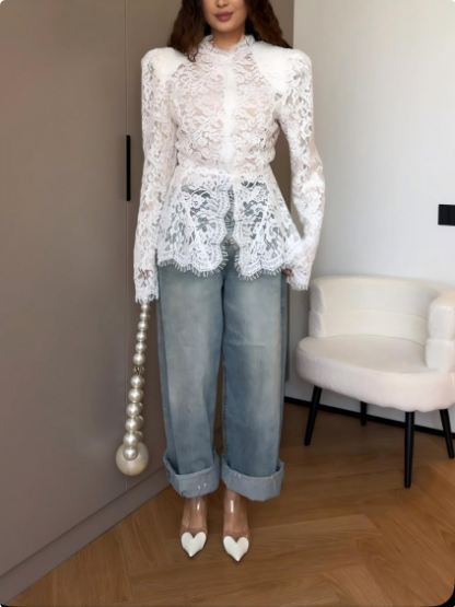 Shoulder Pad Structure Floral Lace Lotus Leaf Waist Blouse