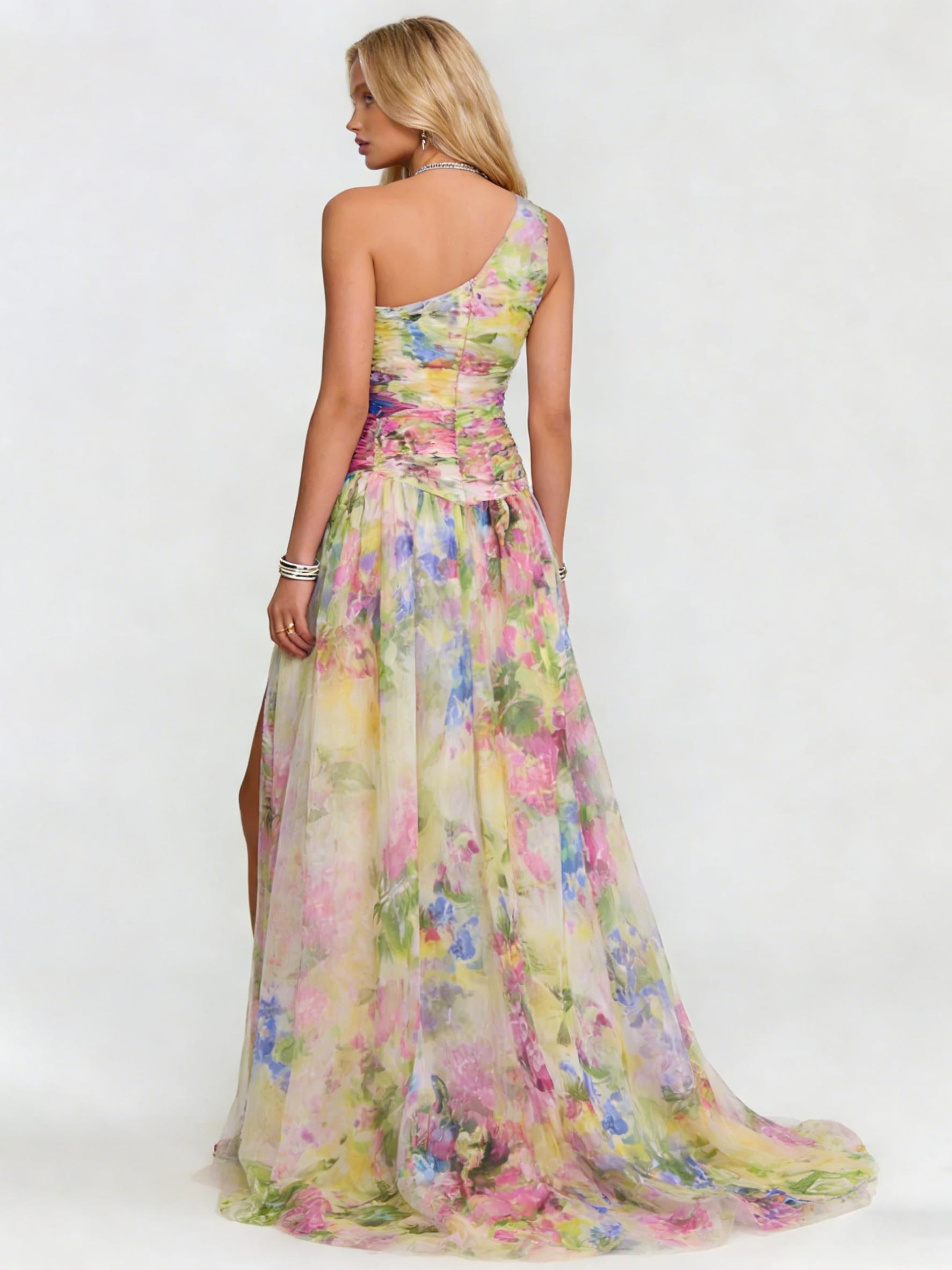 Elegant One-shoulder Watercolor Print Tulle Maxi Dress