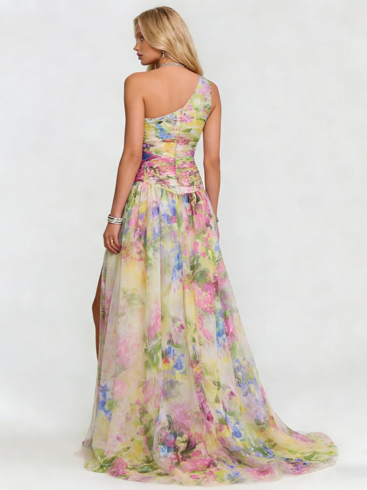 Elegant One-shoulder Watercolor Print Tulle Maxi Dress