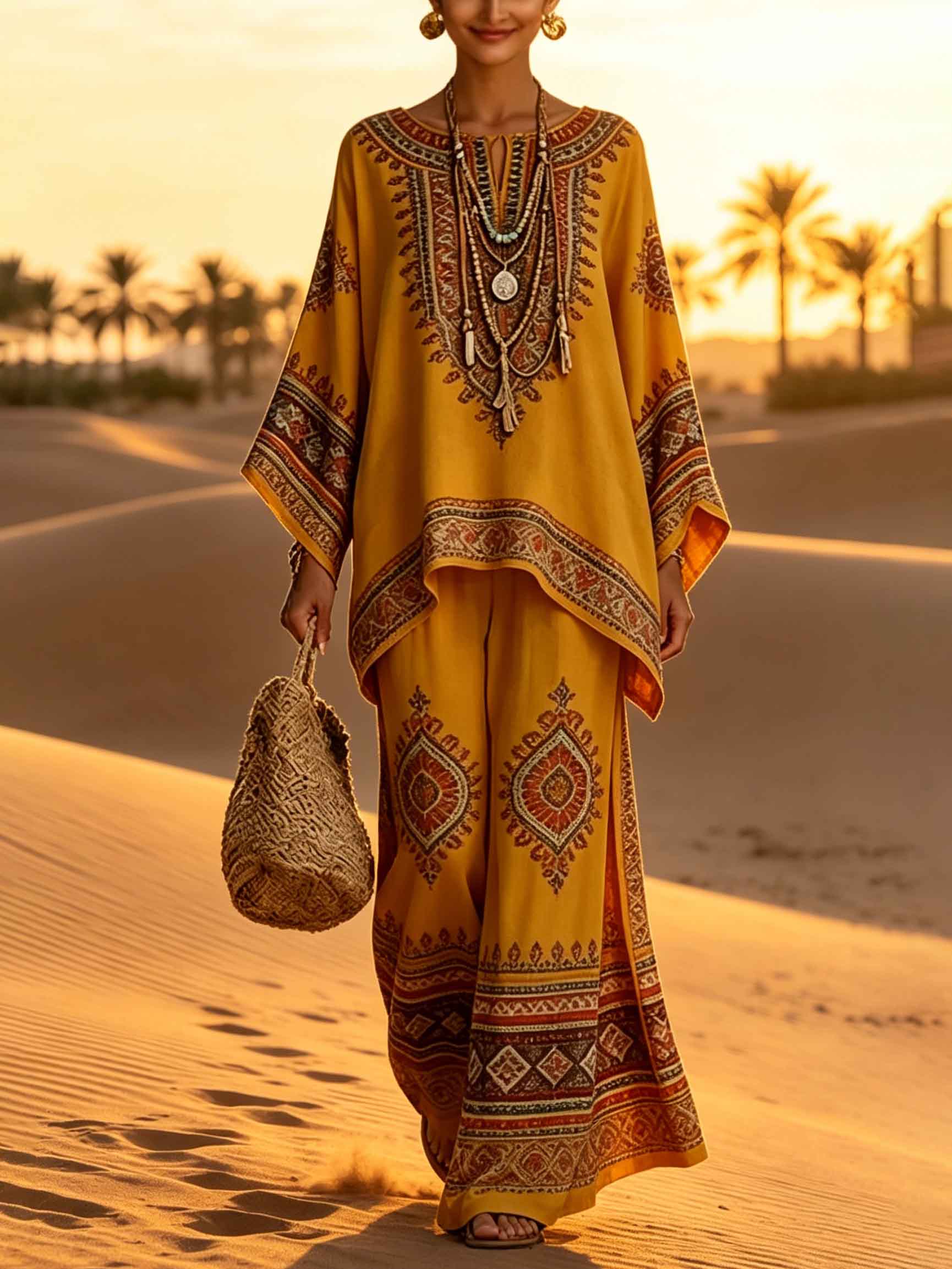 Exquisite Ethnic Print Batwing Sleeve Loose Two-Piece Set