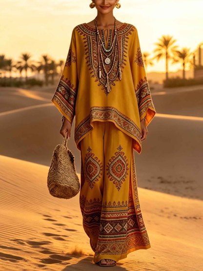 Exquisite Ethnic Print Batwing Sleeve Loose Two-Piece Set