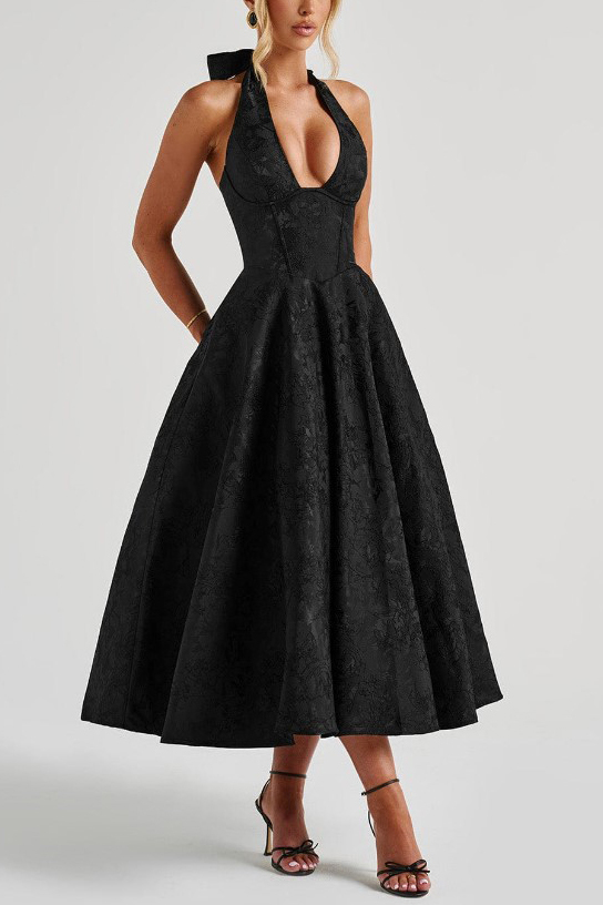 Vintage Elegant Jacquard V-Neck Halter Midi Dress