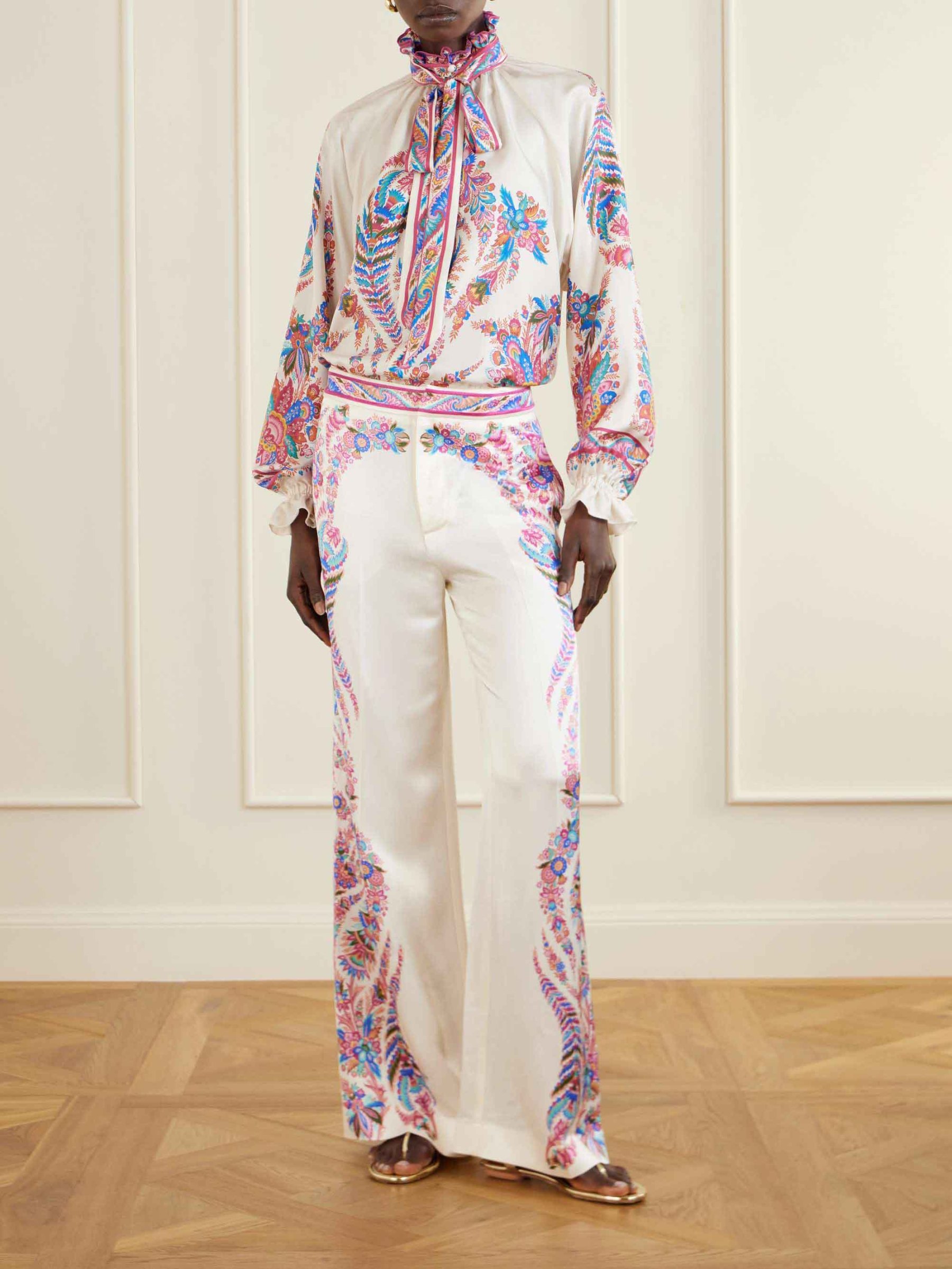 Exquisite Bow Detail Paisley Print Satin Two-Piece Set