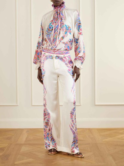 Exquisite Bow Detail Paisley Print Satin Two-Piece Set