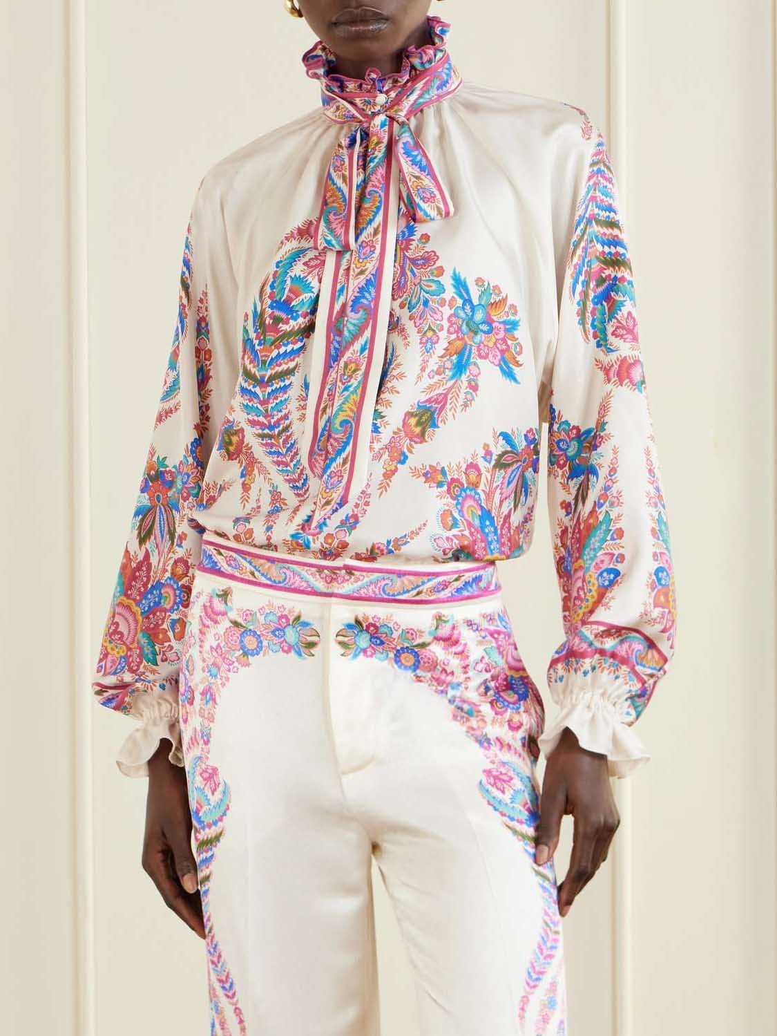 Exquisite Bow Detail Paisley Print Satin Two-Piece Set