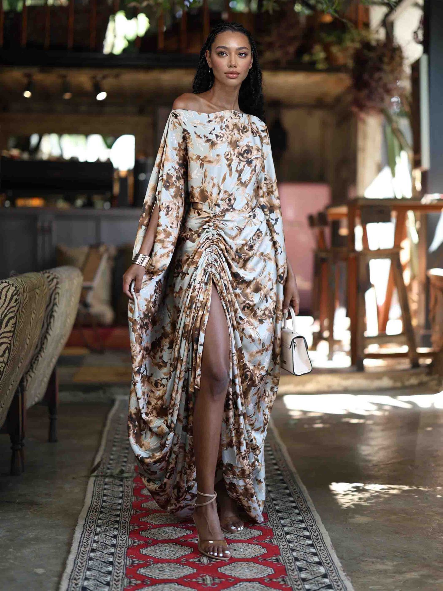 Elegant One-Shoulder Floral Draped Ruched Maxi Dress