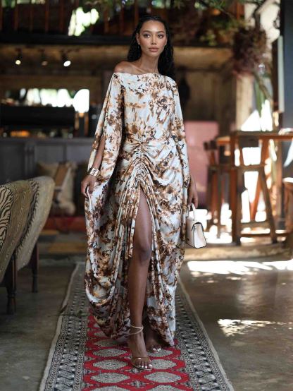 Elegant One-Shoulder Floral Draped Ruched Maxi Dress