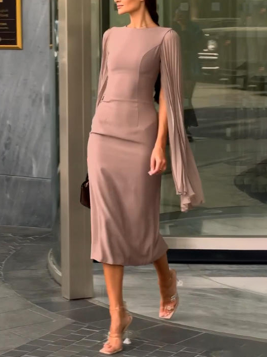 Elegant Pleated Cape Sleeve Midi Dress