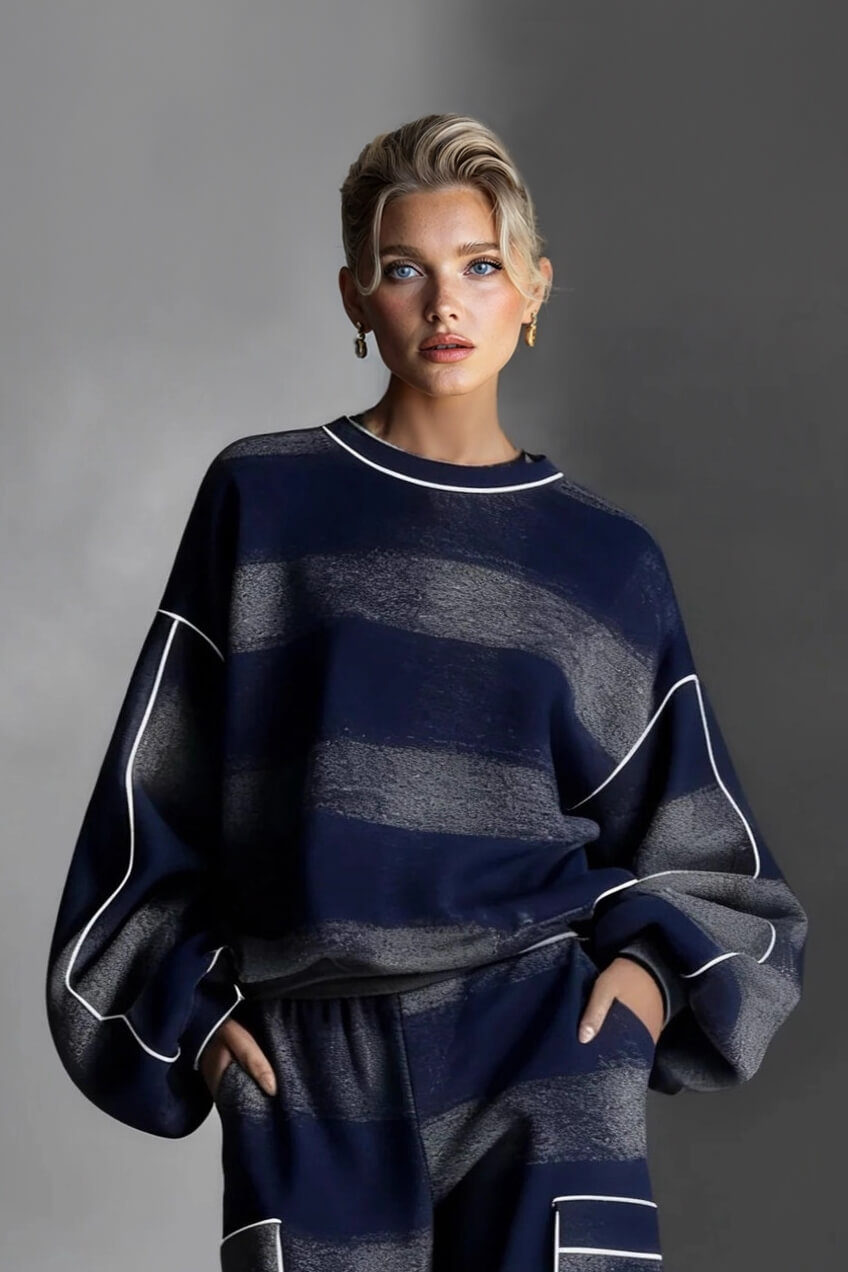 Fashion Street-Style Blue And Gray Plaid Color-Block Wide-Leg Pants