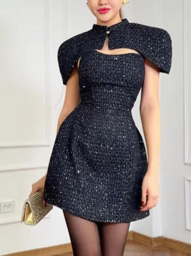 Elegant Tweed Shawl Mini Dress