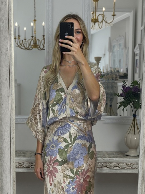 Exquisite Satin Floral Print Off-shoulder Shirt