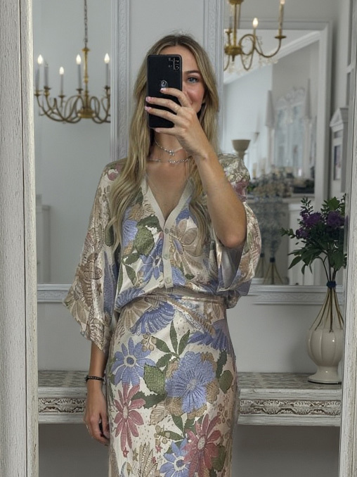 Exquisite Satin Floral Print Off-shoulder Shirt