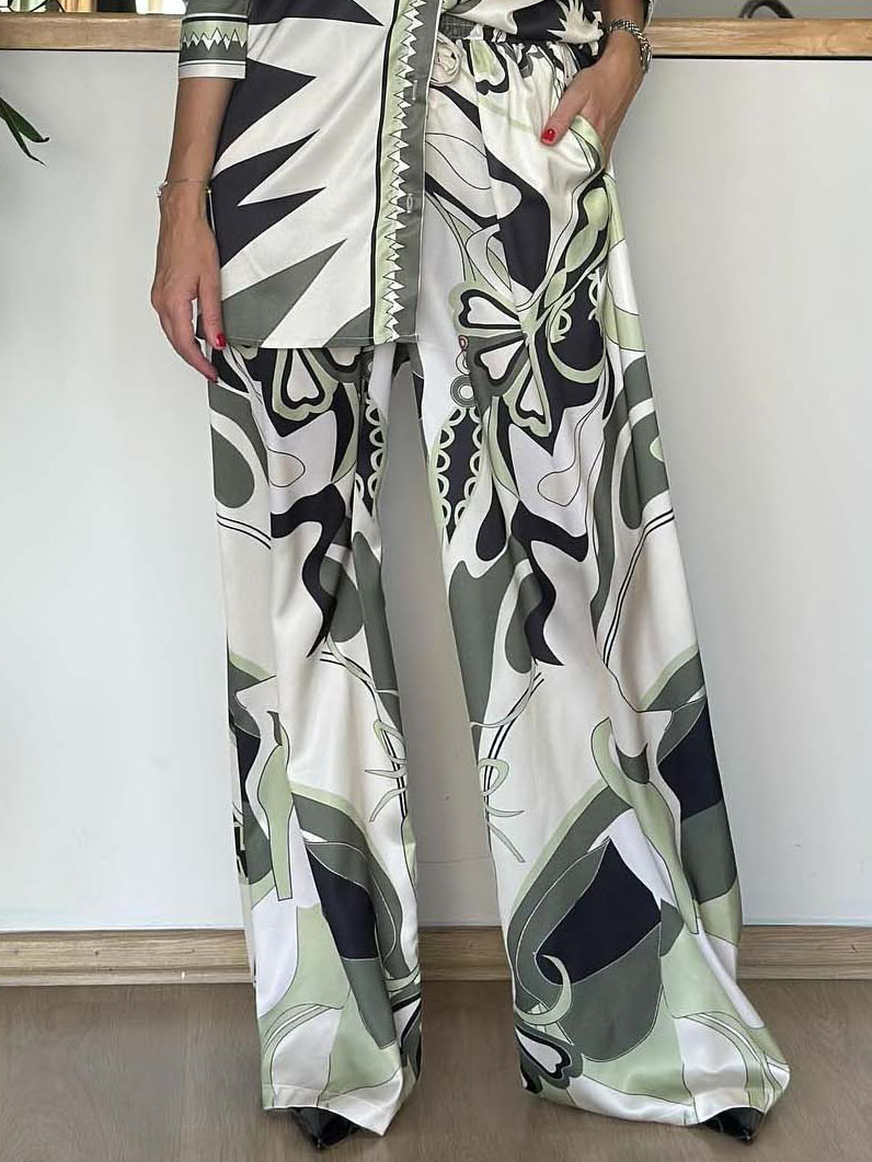 Unique Abstract Print Wide-Leg Satin Pants