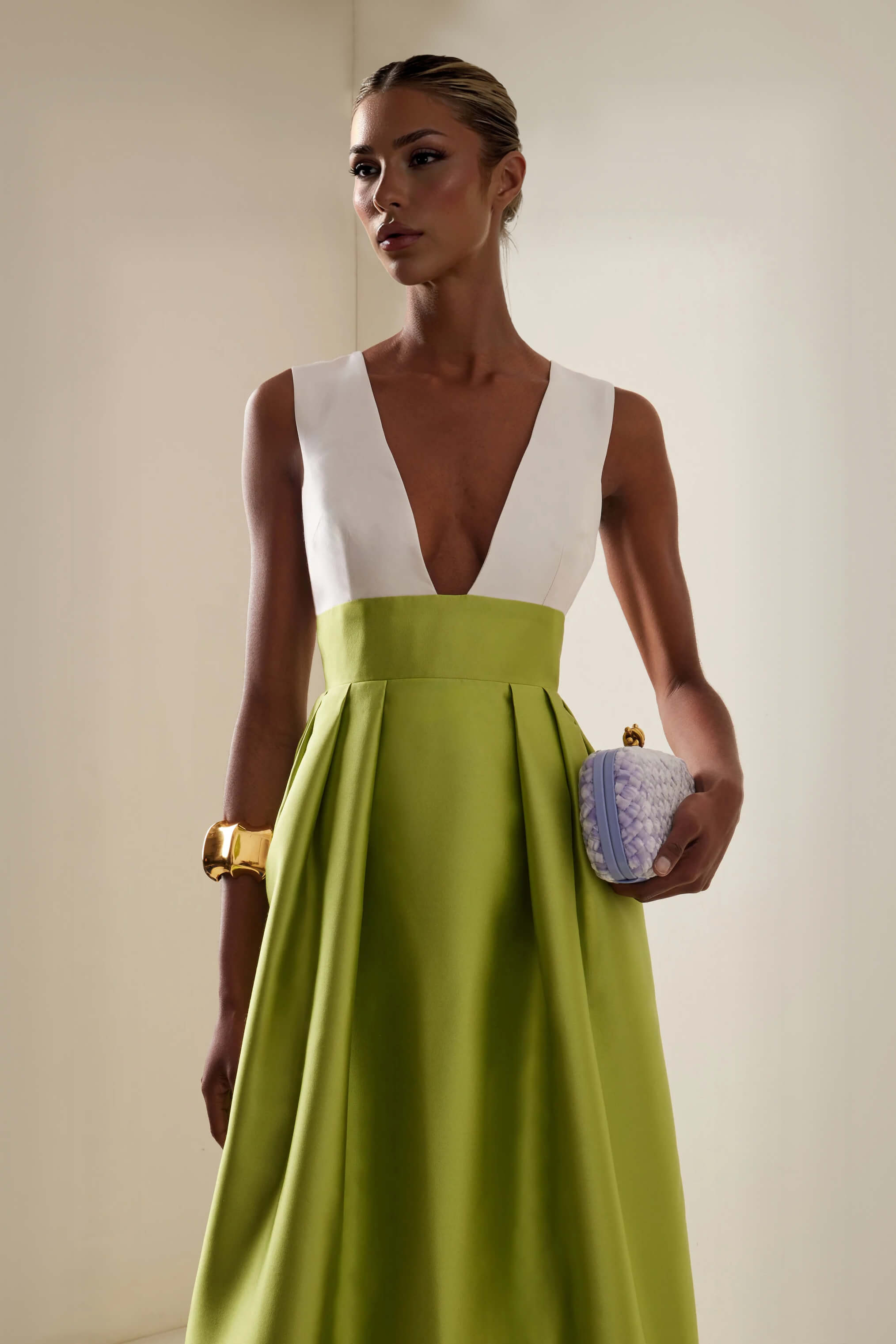 Elegant Deep V-Neck Colorblock Ruched A-Line Maxi Dress