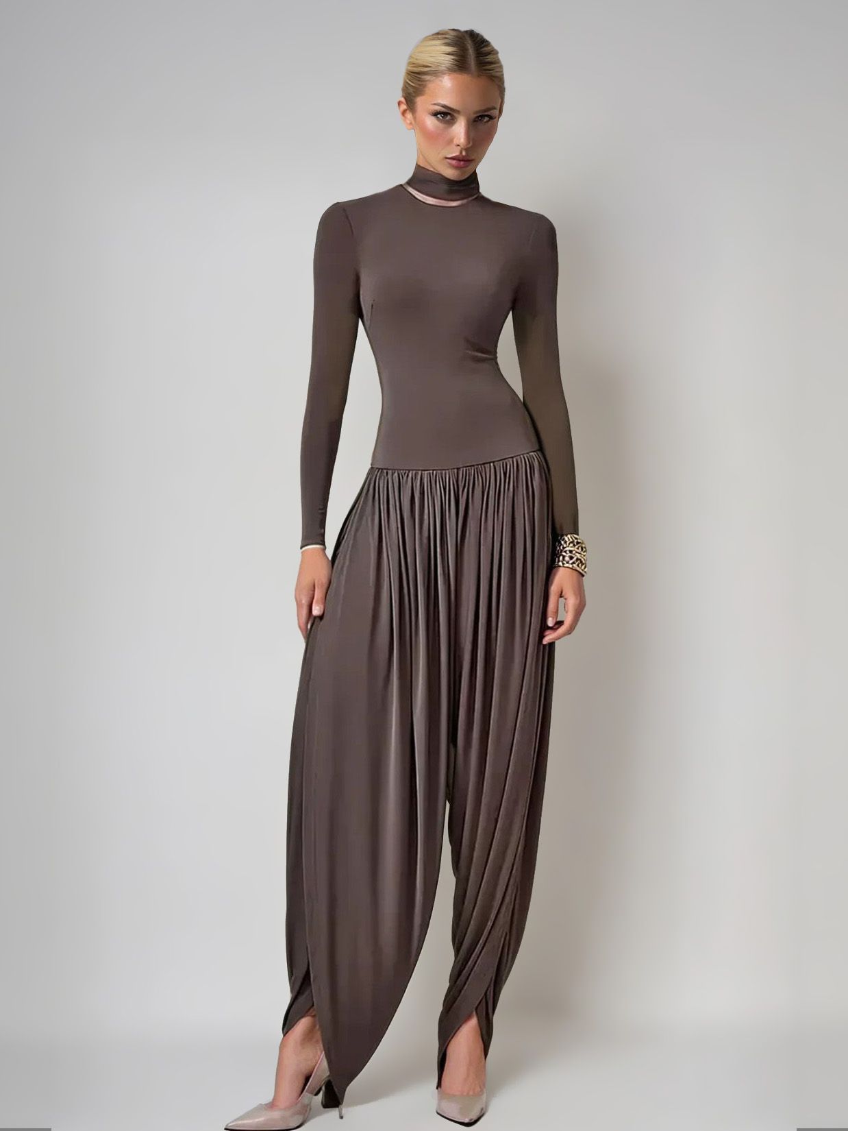 Fashionable Draped High-neck Jumpsuit