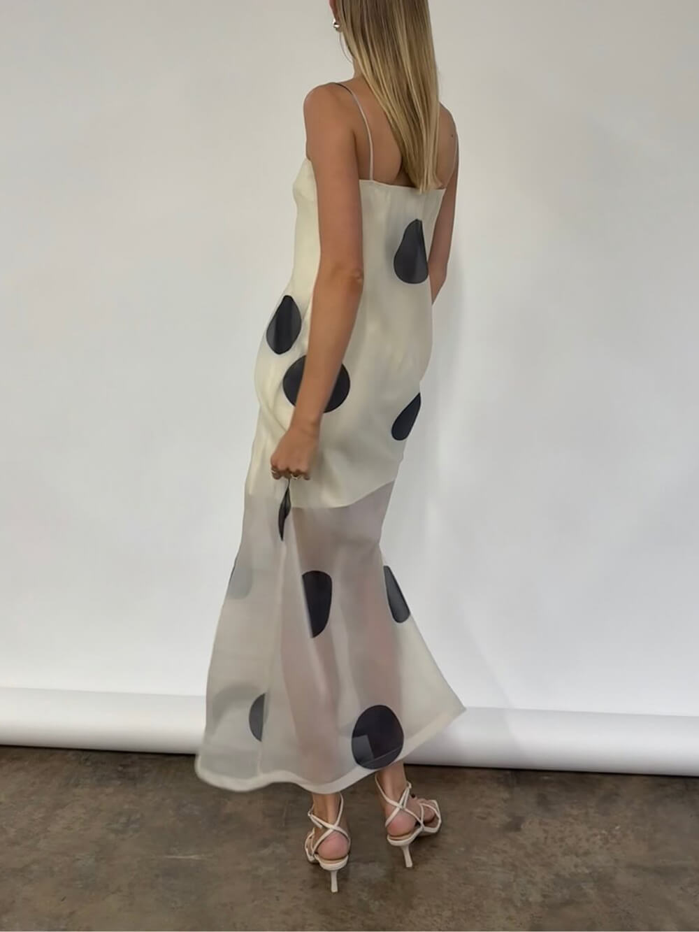 Elegant Mesh Stitching Polka Dot Print Off-Shoulder Suspender Maxi Dress