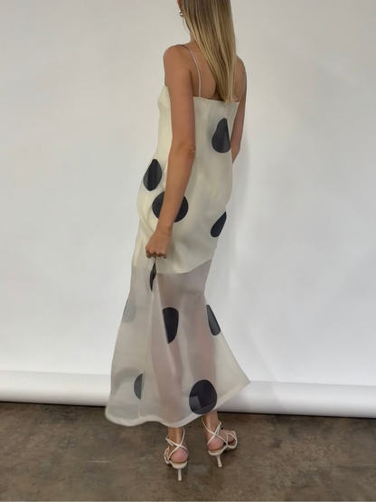 Elegant Mesh Stitching Polka Dot Print Off-Shoulder Suspender Maxi Dress