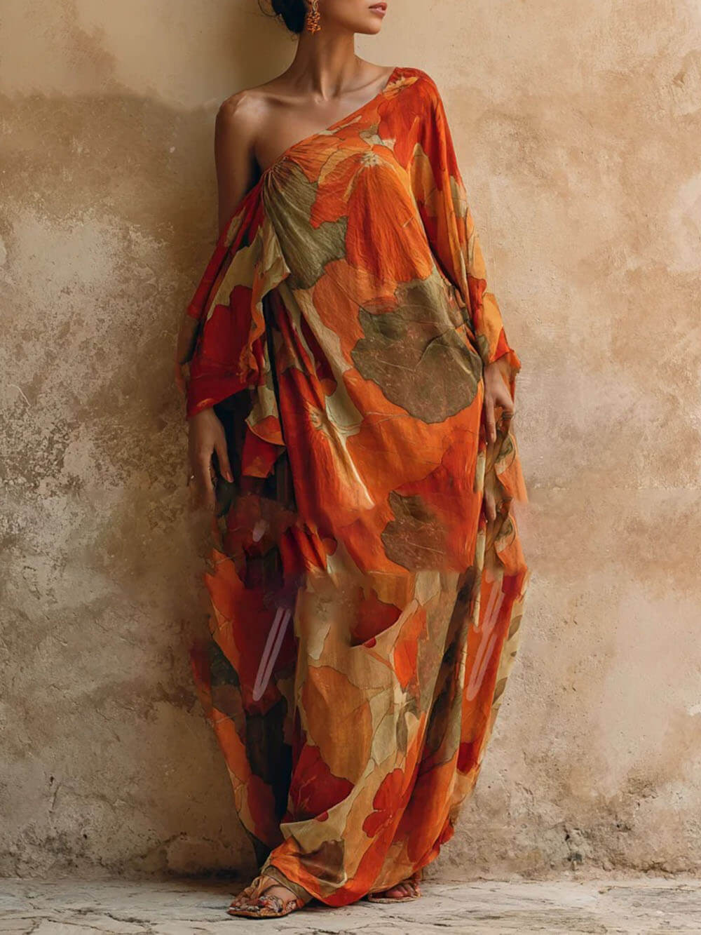 Boho Printed One-Shoulder Kimono-Style Maxi Dress
