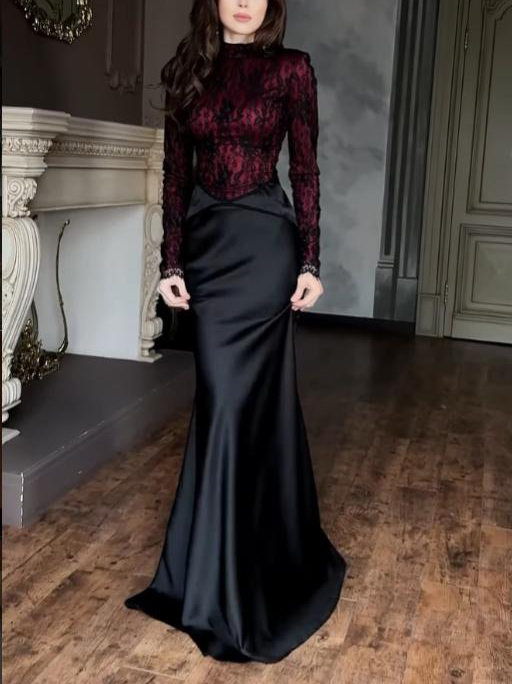 Elegant Lace Bodice Satin Mermaid Maxi Dress