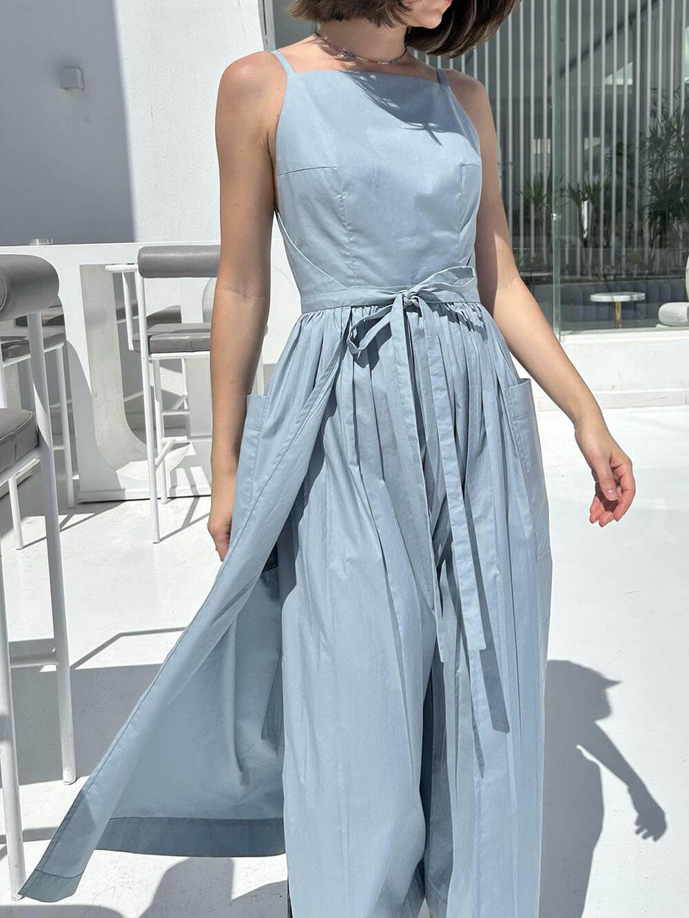 Unique Side Slit Lace-Up Pocket Vest Dress