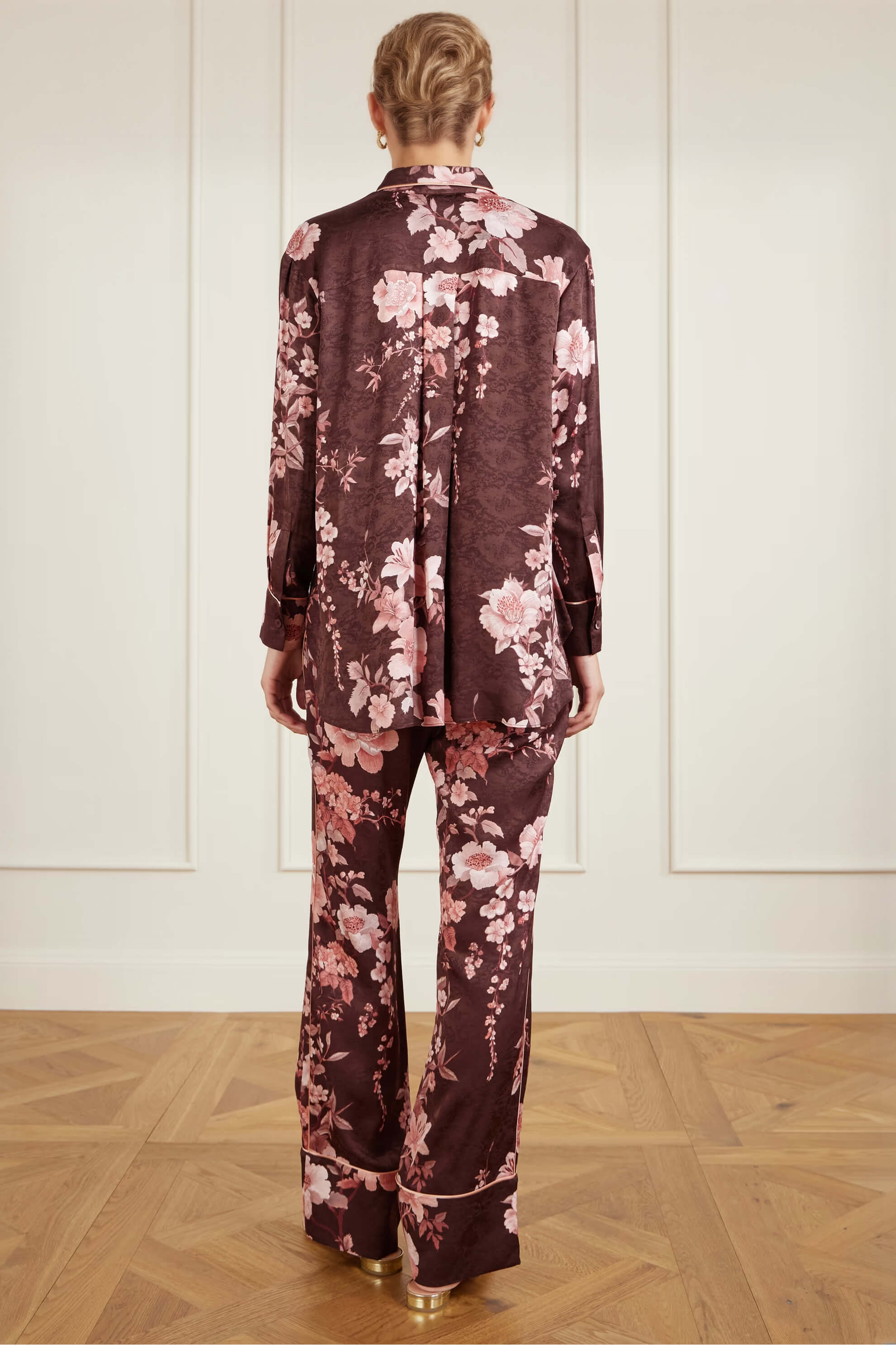 Exquisite Floral Print Satin Button-Up Shirt