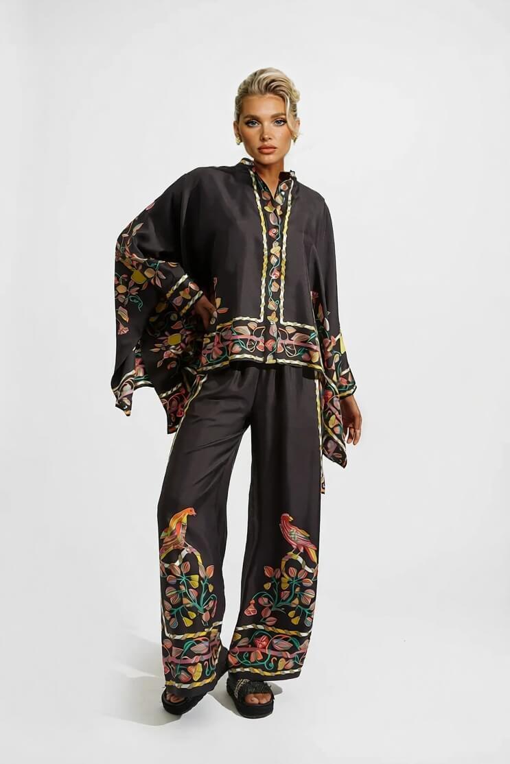 Unique Satin Draped Floral Print High-Waisted Wide-Leg Pants