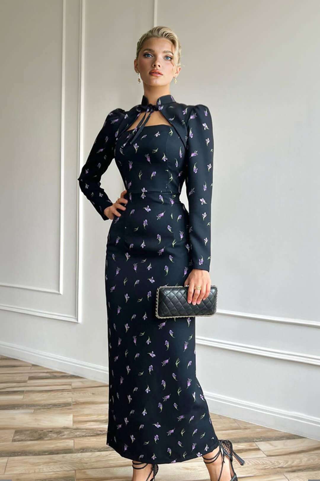 Elegant Printed High Neck Tie-Waist Slit Maxi Dress