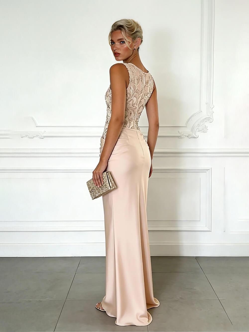 Elegant Light Pink Embroidery Satin Crew Neck Sleeveless Sheath Maxi Dress