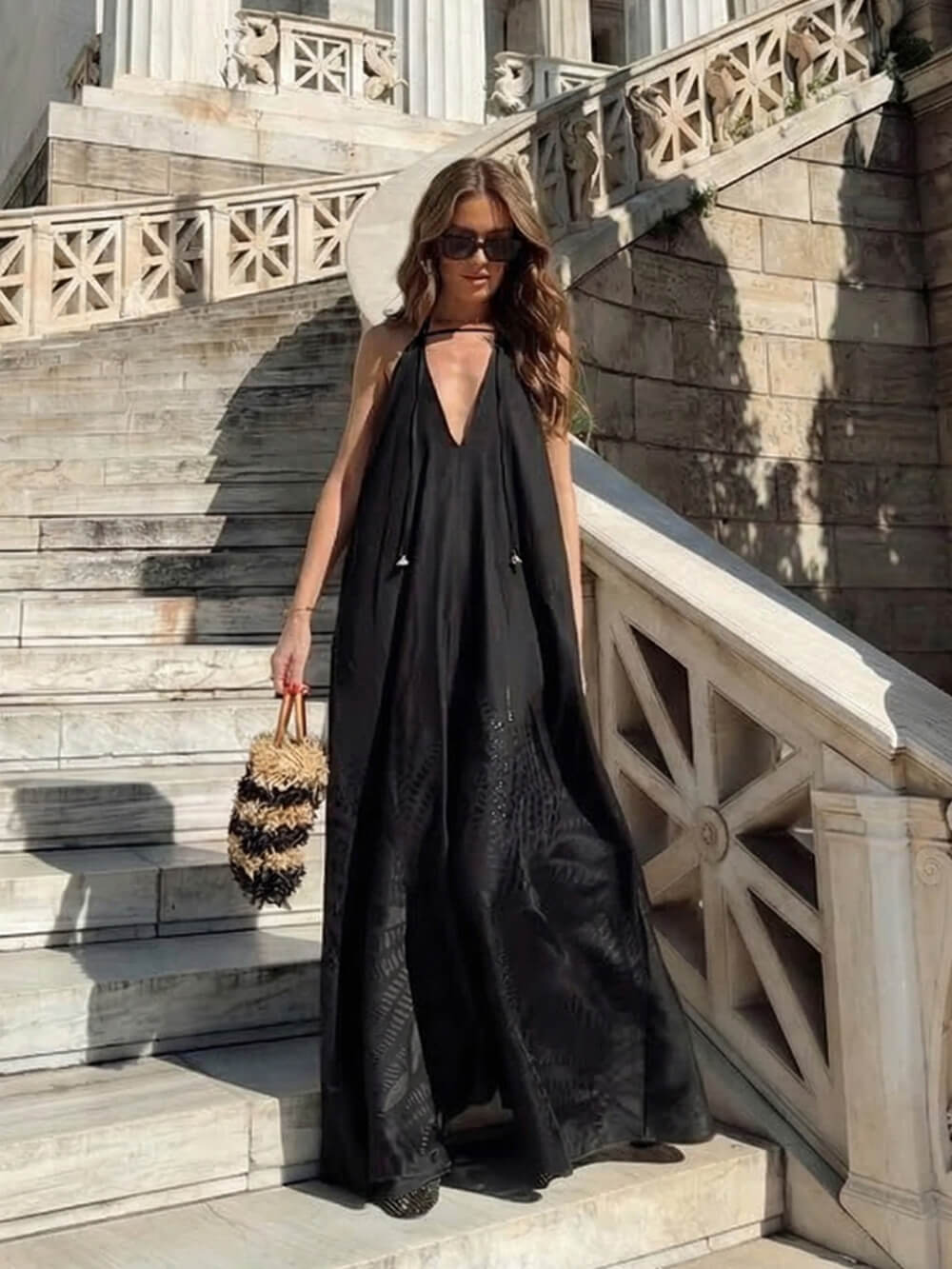 Boho Jacquard Backless Spaghetti Strap Maxi Dress