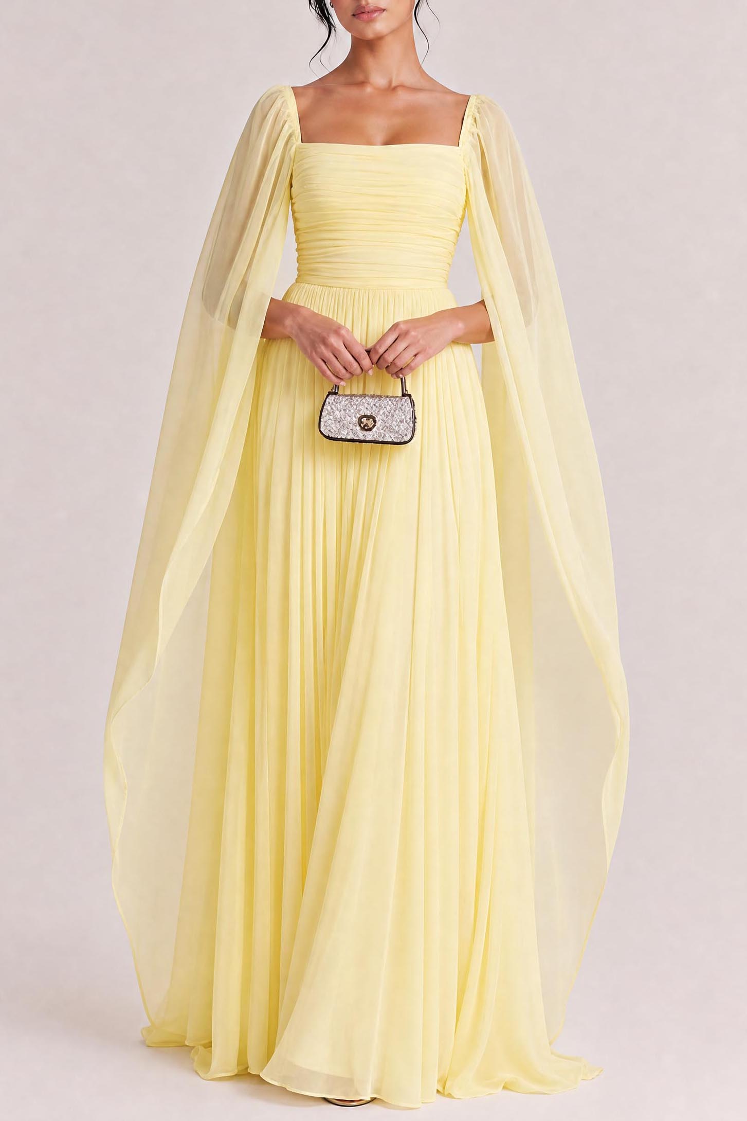 Elegant Cape Sleeve Pleated Chiffon Maxi Dress