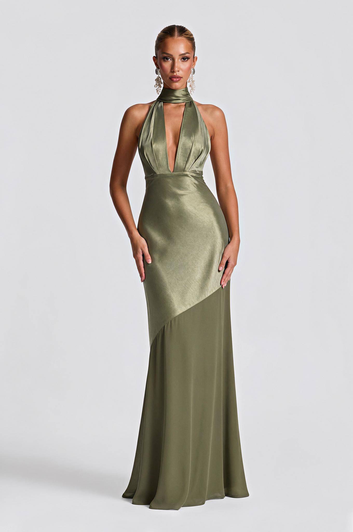 Olive Satin Halter Neck Deep V-Neck Mermaid Evening Gown - Sexy Backless Formal Dress For Party, Wedding & Gala