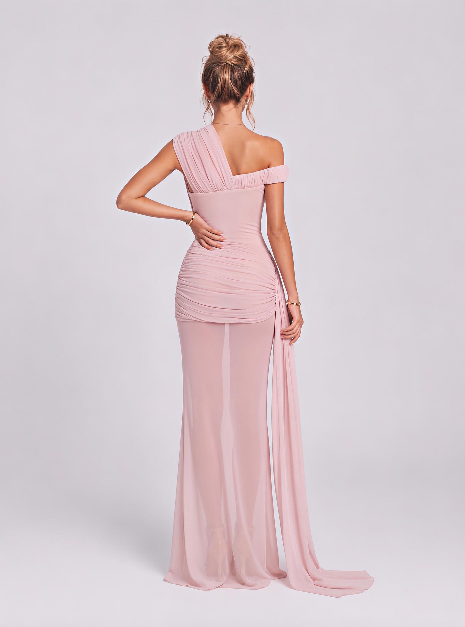 Draping Inclined Shoulder See-Through Gauze Long Dress