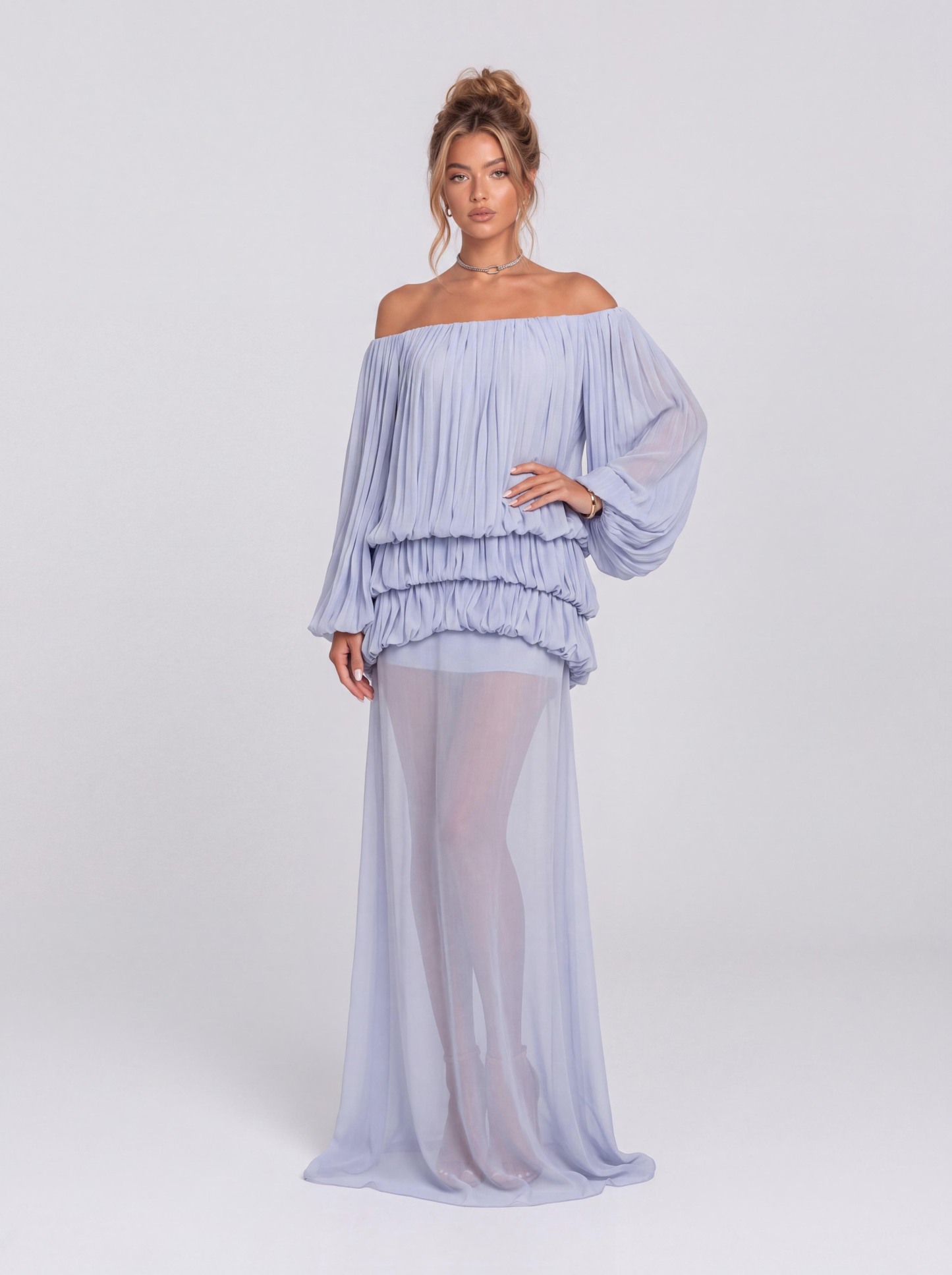 Pleated Off-shoulder Bubble Long Sleeve Perspective Long Party Dress
