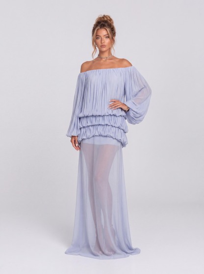 Pleated Off-shoulder Bubble Long Sleeve Perspective Long Party Dress