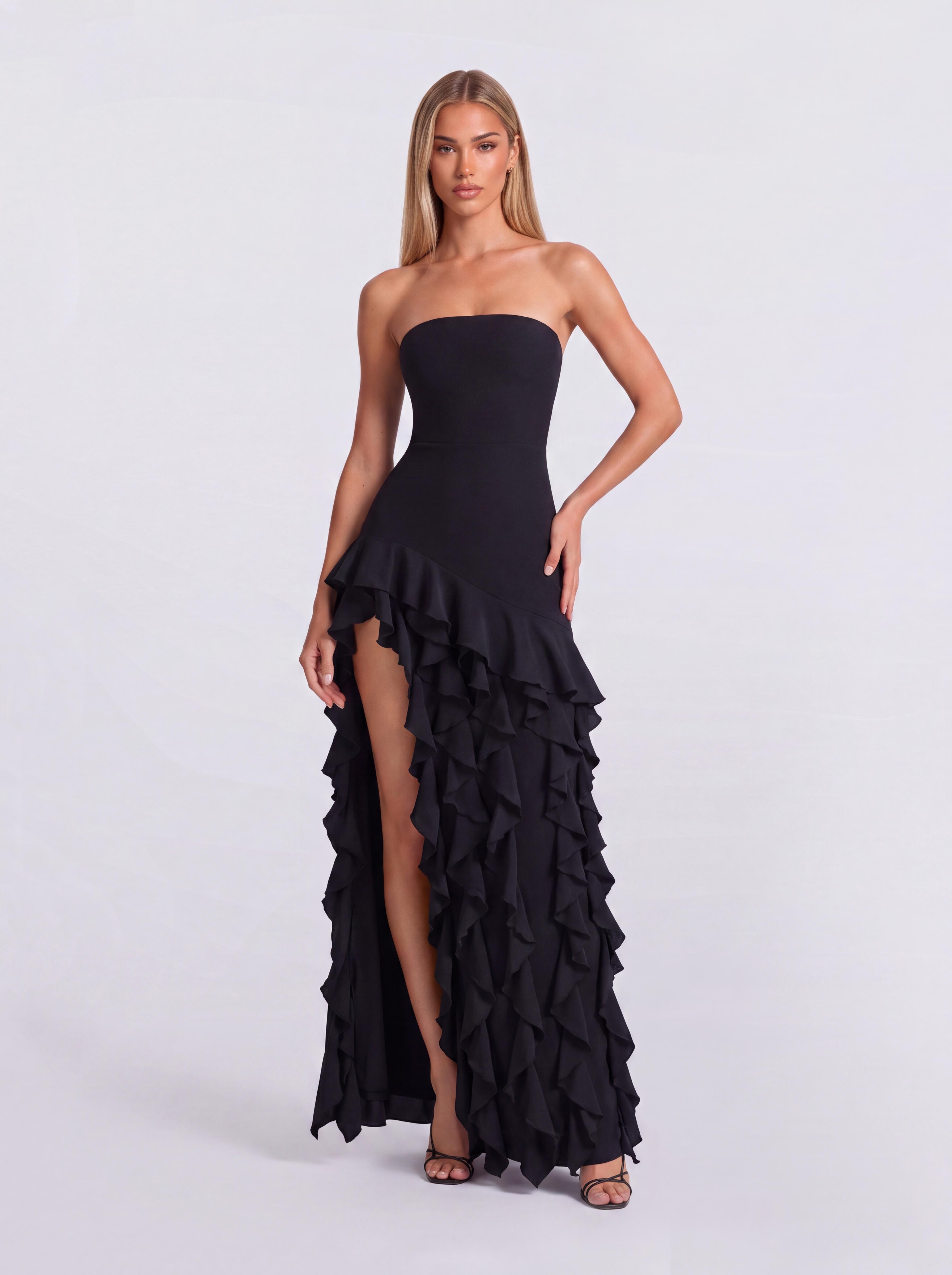Strapless Ruffled High Split Slim-Fit Long Dress