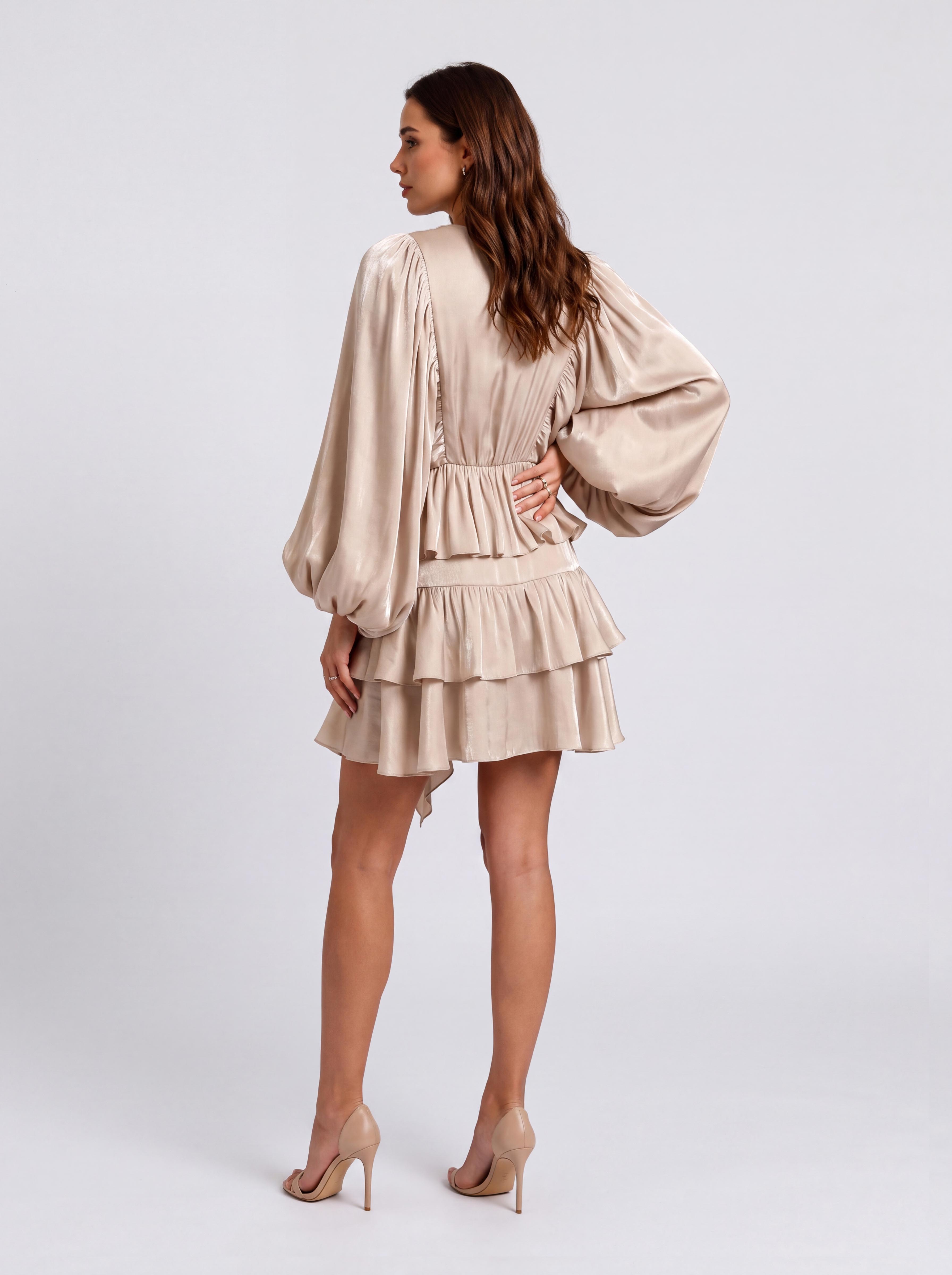 Layered Ruffled Puff Sleeve Short Dress