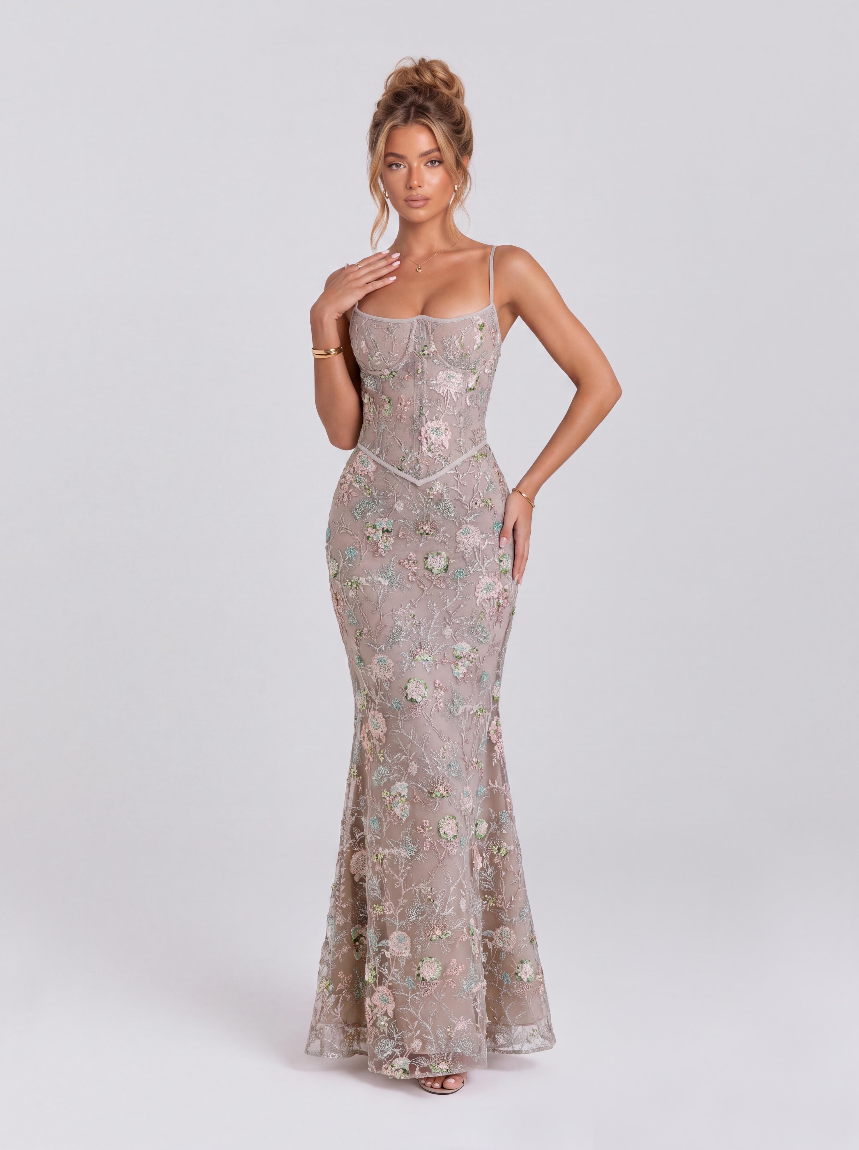 Vintage Floral Beaded Lace Belted Mermaid Dress