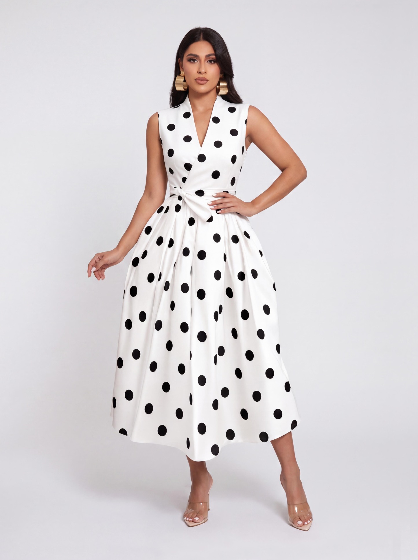 Vintage Polkdot Sleeveless V-neck Tight Waist Mid-length Umbrella Dress