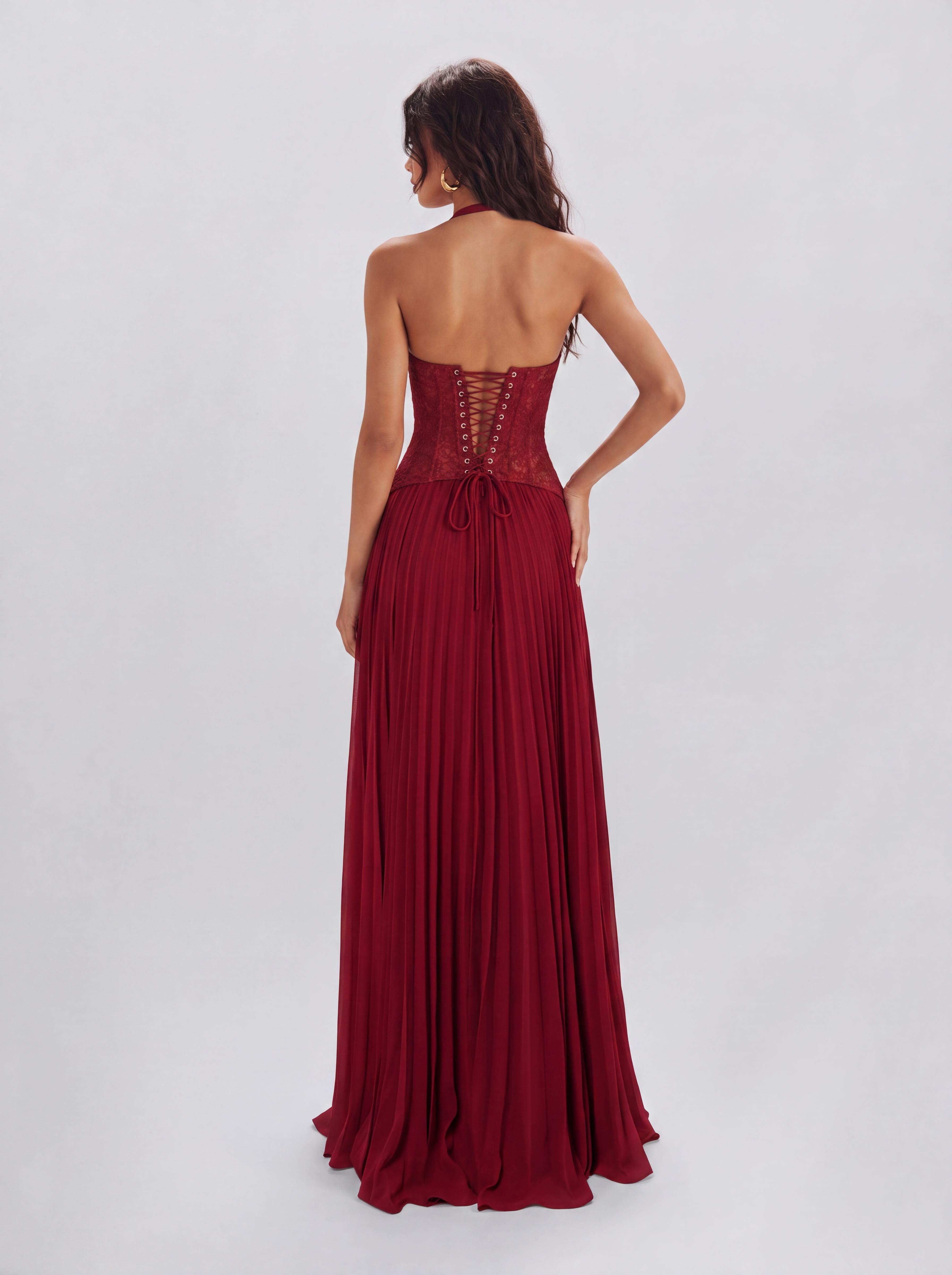 Lace Boom Neck Pleated Long Banquet Dress