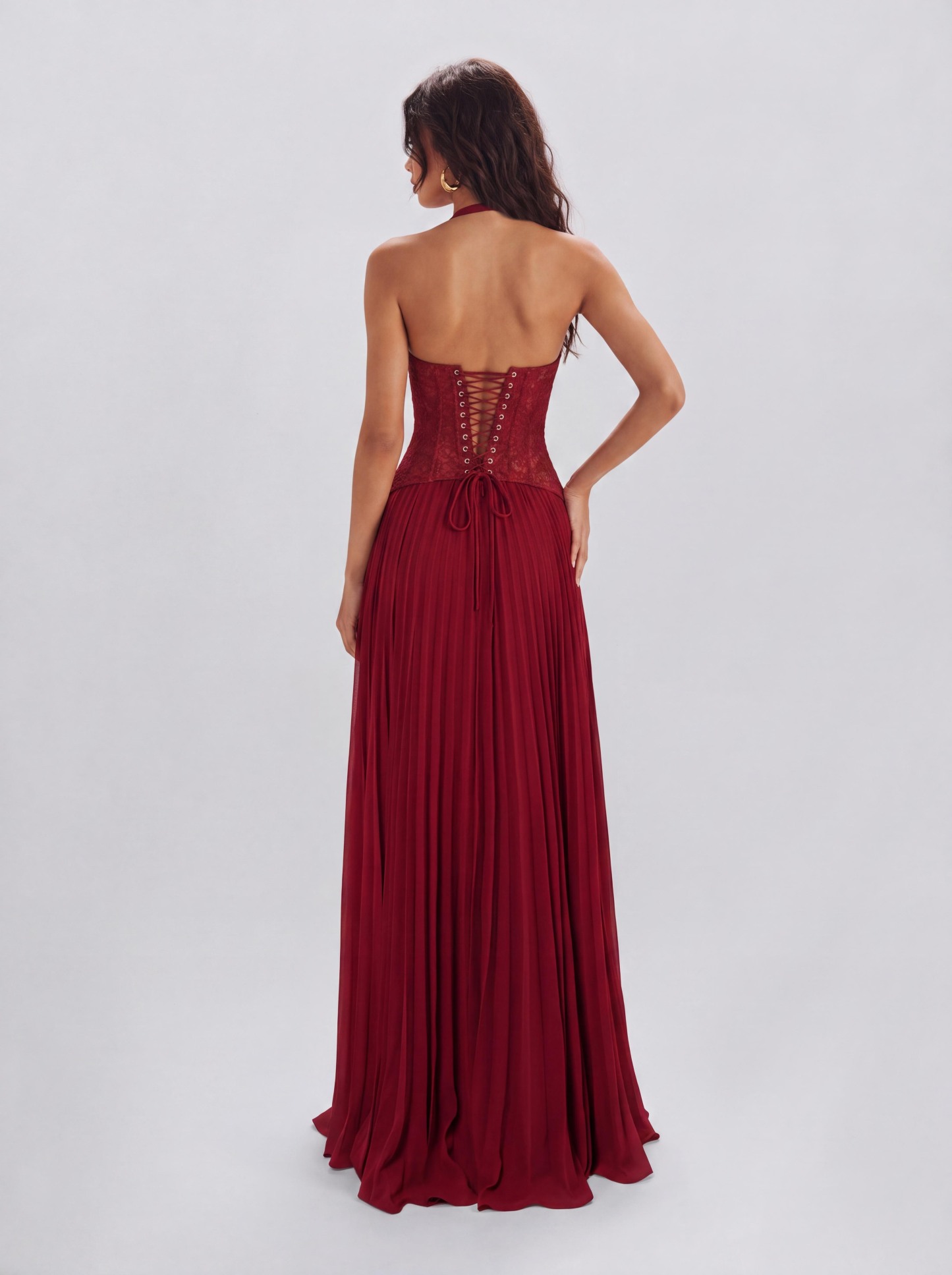 Lace Boom Neck Pleated Long Banquet Dress