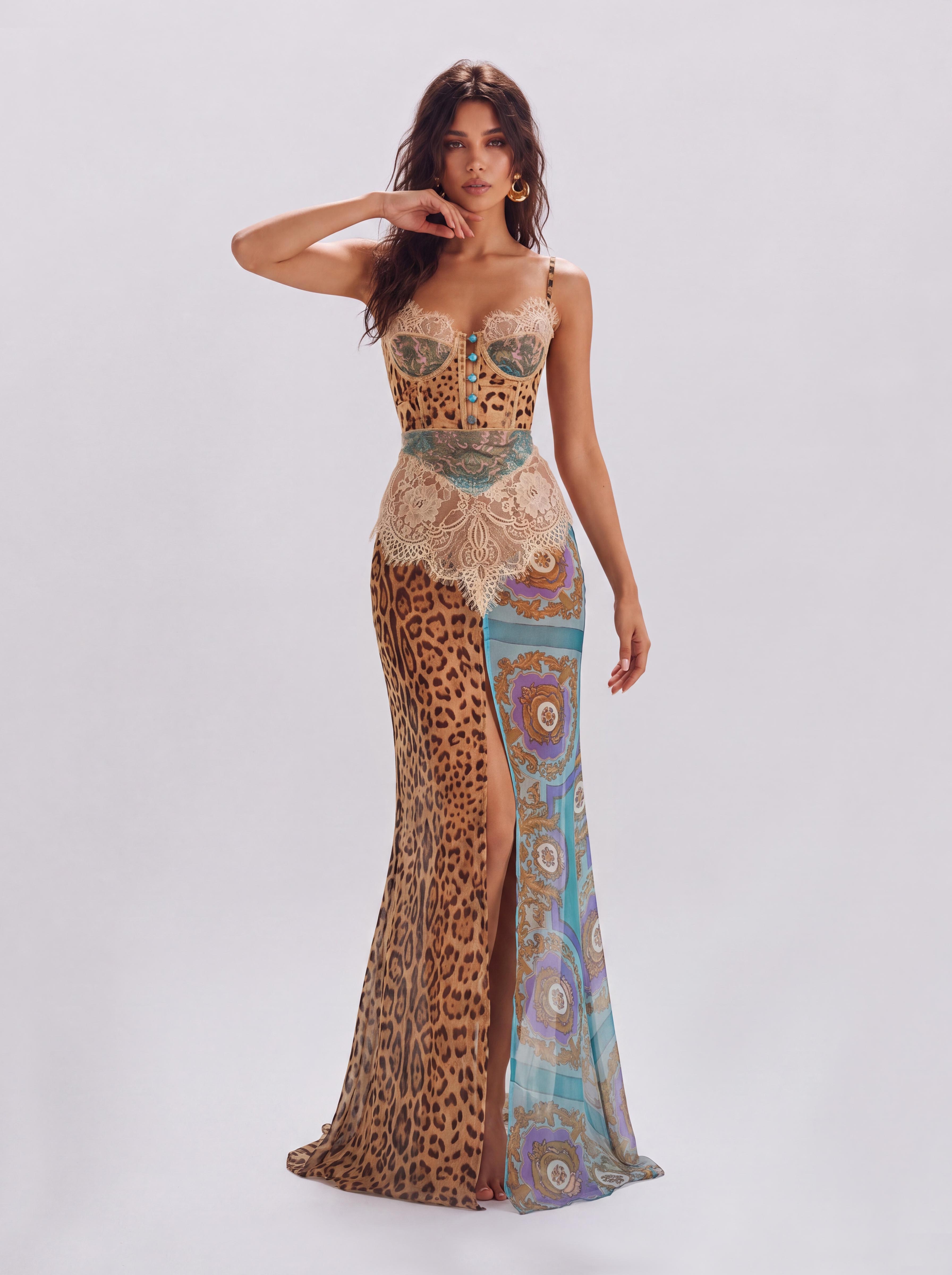 Lace Waist Leopard Print Vintage Patchwork High Split Perspective Long Slip Dress